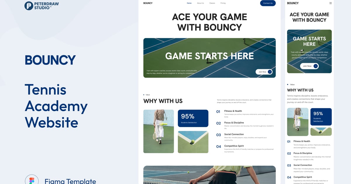 Bouncy – 网球学院网站 UI Figma 模板